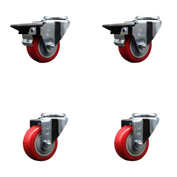 Service Caster 3'' Red Poly Wheel Swivel Bolt Hole Caster Set with 2 Posi Lock Brakes, 4PK SCC-BH20S314-PPUB-RED-PLB-2-S-2 - main